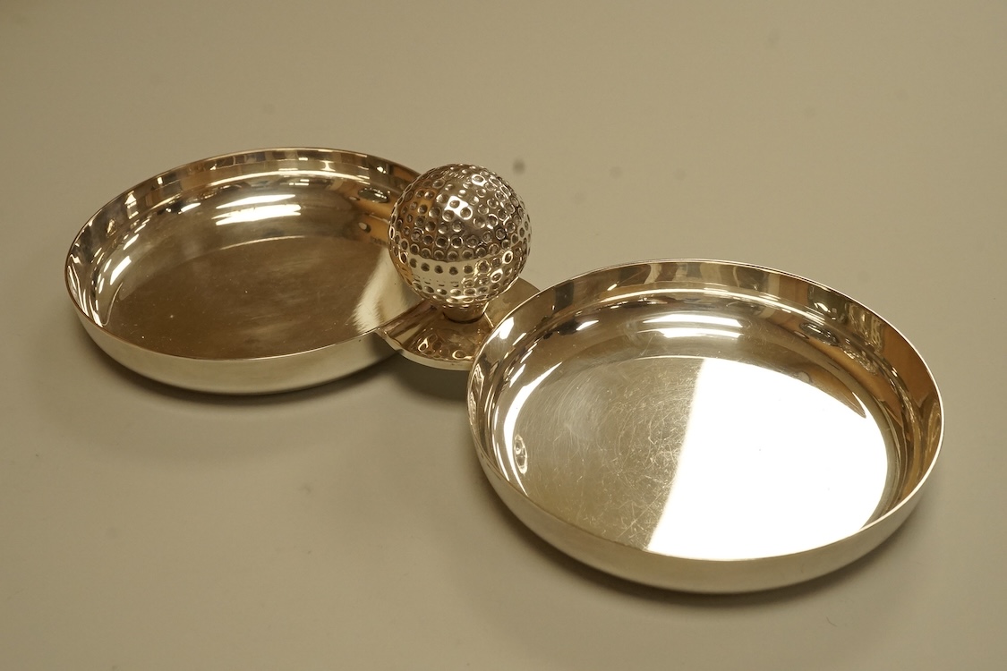 A French Hermes silver plated two division desk accessory with golf ball handle, 25.5cm.